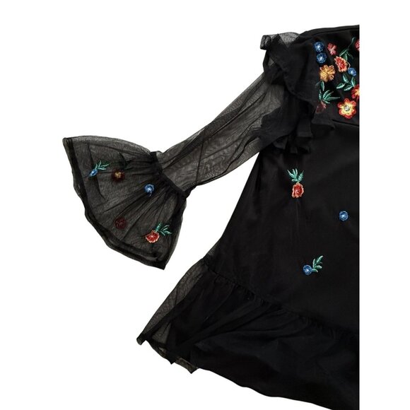 Life Style Women Black Mesh Embroidery Floral Blouse Bell Sleeve Sheer Overlay M - Picture 4 of 8
